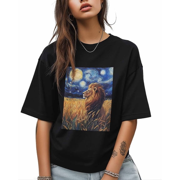 T Shirts for Women Short Sleeve Cotton Crewneck T-Shirt, Lion Wheat Field Oil Painting Tee Tops Casual Basic T-Shirts, XS-5XL Black L