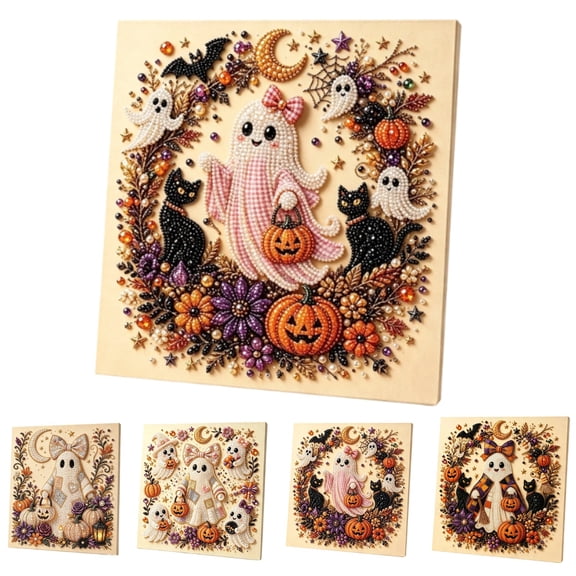 Halloween Diamond Art Easy Diamond Painting Craft Set, Pearl Art Kits For Adults With Full Tools, Fall Diamond Art With Pink Ghost And Black Cat, Stylish Home Decor, Ghost With Pink Check Pattern