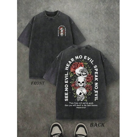 Summer Christian T-Shirt For Men, SEE NO EVIL HEAR NO EVIL SPEAK NO EVIL Tee, 230g Washed Cotton, Vintage Retro Style, Double Sided PSALM Print, Streetwear, Gifts, Free Shipping