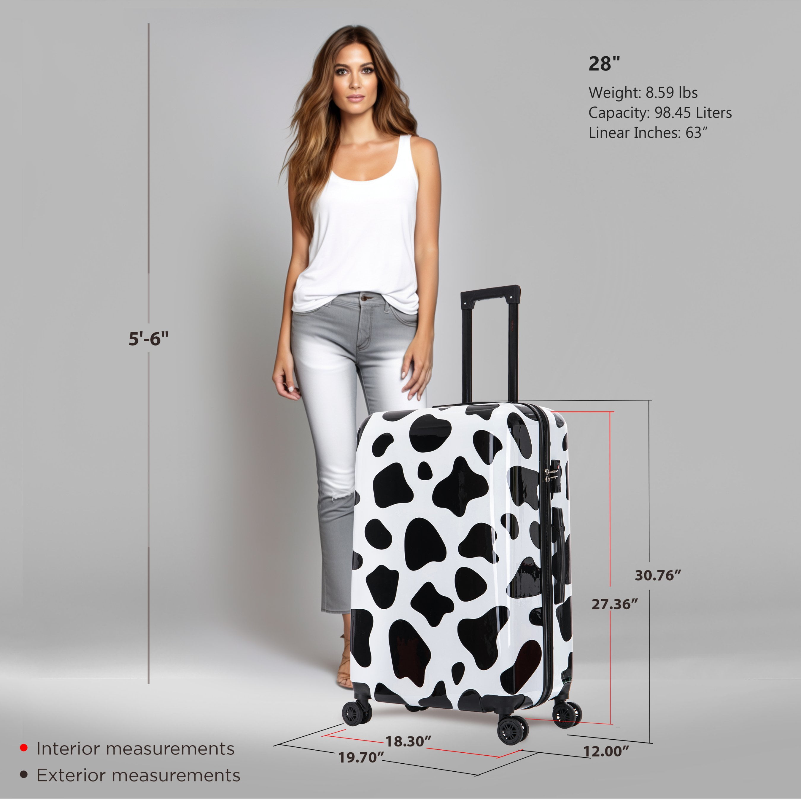 InUSA Print 28" Hardside Lightweight Luggage with Spinner Wheels, Handle and Trolley, Cow