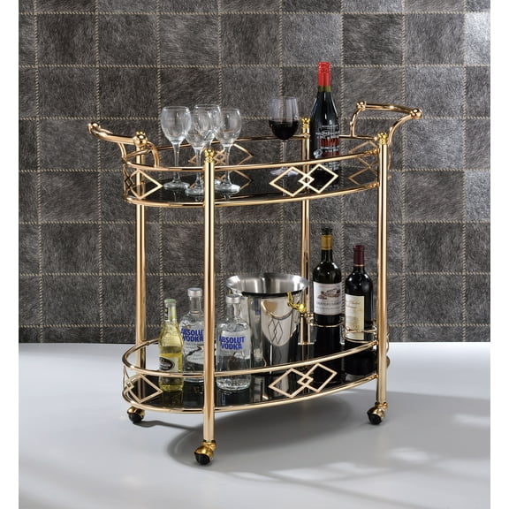 ACME Ottesen Oval Glass Top Serving Cart with 2 Shelves in Gold