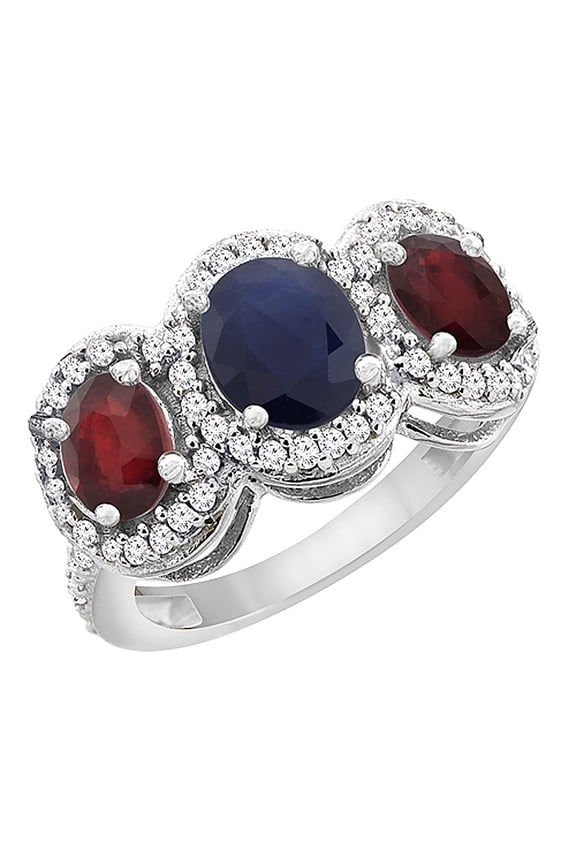 14K White Gold Natural Blue Sapphire & Enhanced Ruby 3-Stone Ring Oval Diamond Accent, size 8.5
