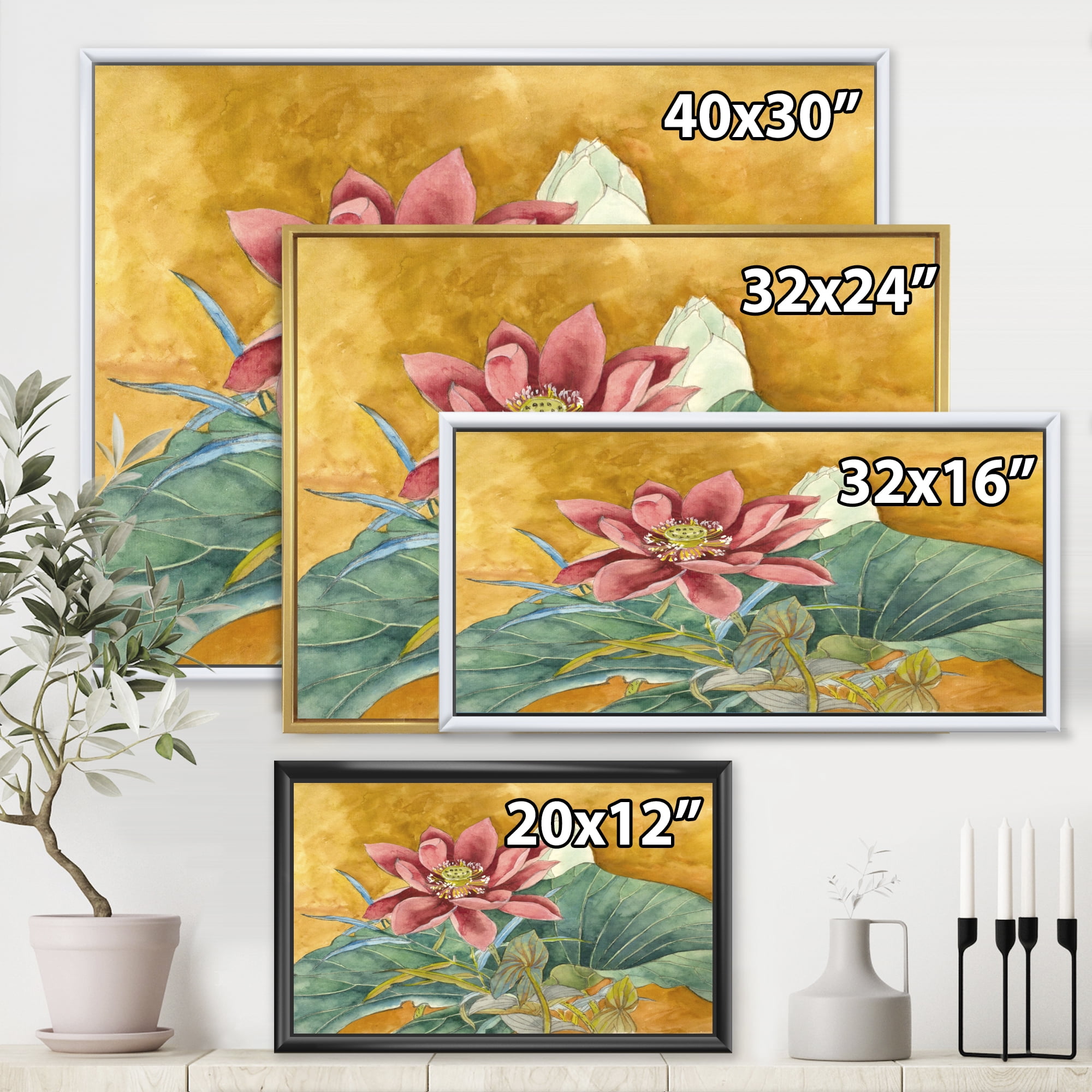 Designart 'Ancient Impression of Pink Lotus' Traditional Framed Canvas Wall Art Print