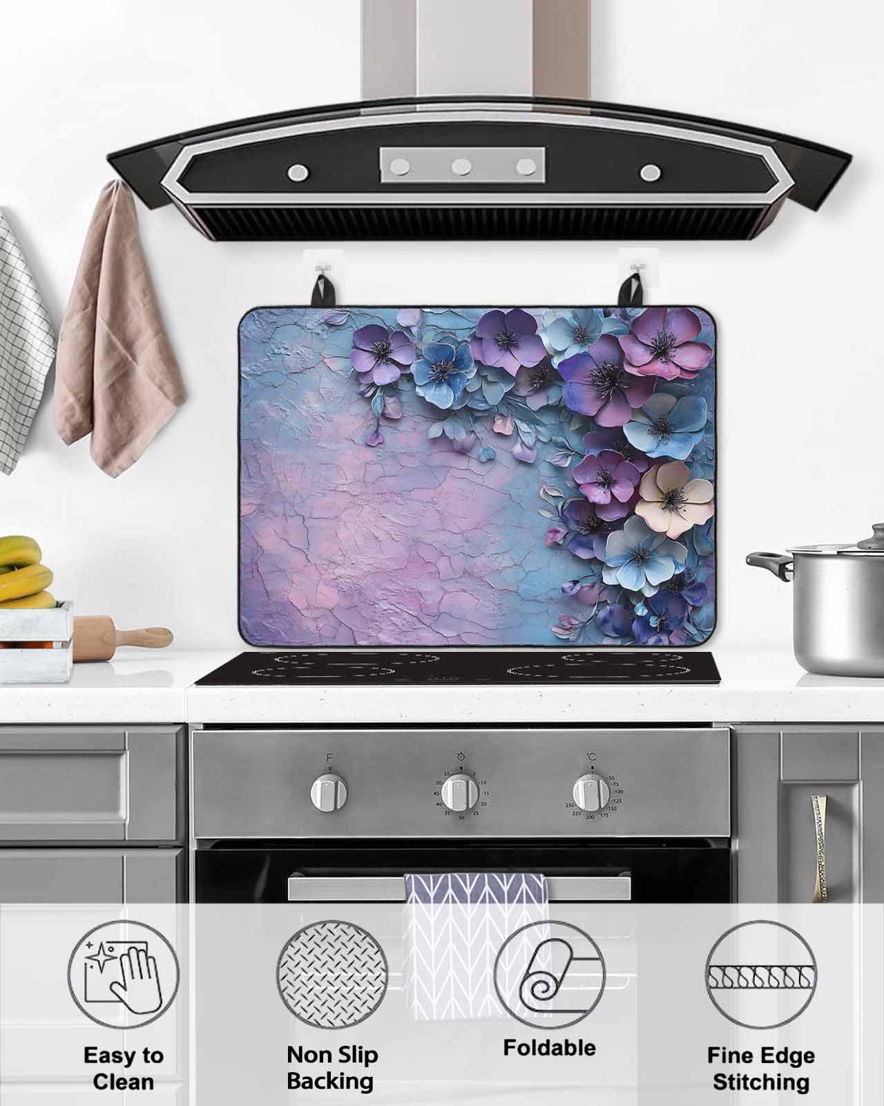 nqOlkjepod Large Induction Cooktop Protector Mat 24"x21", Purple Floral Stove Top Covers for Electric Stove, Retro Flowers Mottled Pastoral Botanical Stove Burner Cover Mats, Glass Top Stove Cover