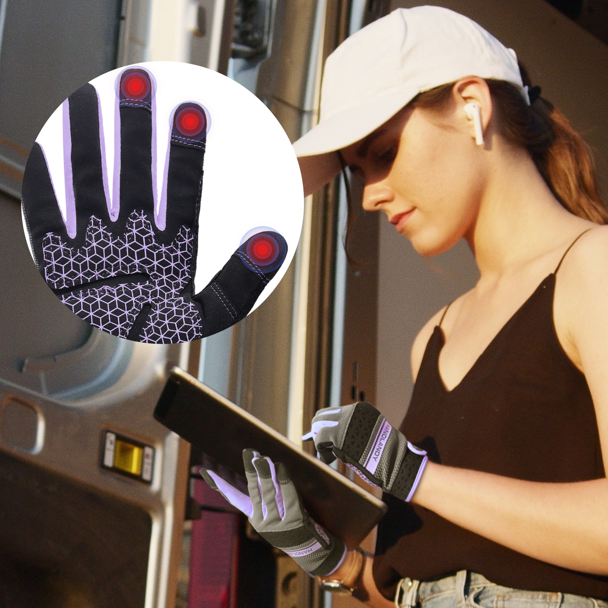 HANDLANDY Utility Work Gloves with Silicone Grip for Women, Thin Mechanic Working Gloves Touch Screen, Purple, XS