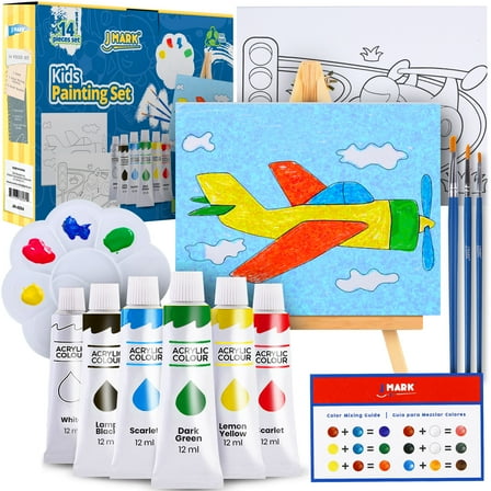 J MARK Kids Paint Set and Paint Easel – Acrylic Painting Kit, Safe Washable Paints, Wood Easel, 2 Pre-Stenciled Canvases 8 x 10 inches, Brushes, Palette, Color Mixing Chart Craft Supplies