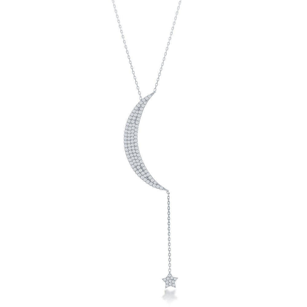 Adjustable Sterling Silver Cubic Zirconia Dangling Station Necklace Micro Pave Rhodium Finish 26 inch