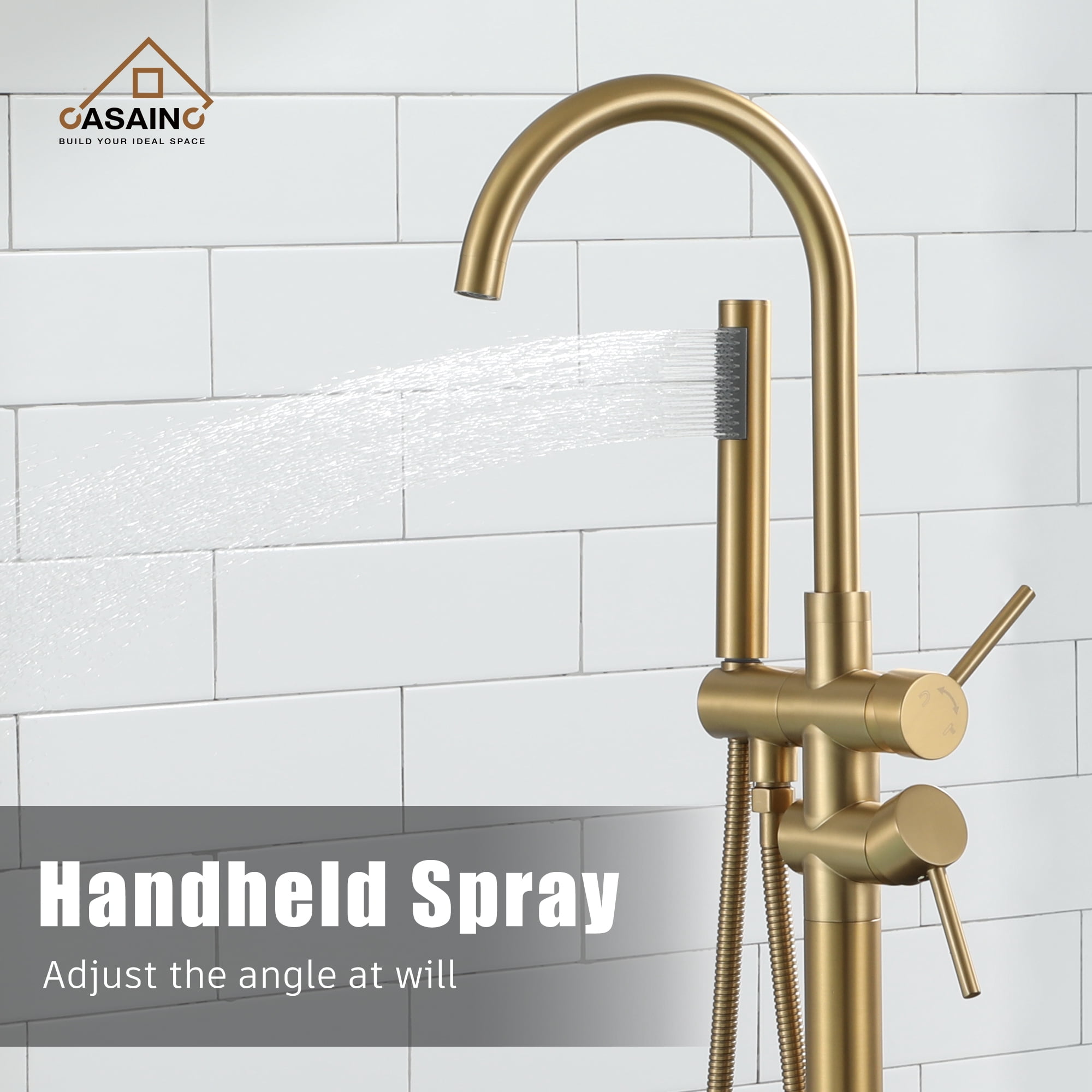 CASAINC Double-Handles Floor-Mount High Arch Tub Faucet High Flow Bathroom Tub Filler with Handshower in Brushed Brass