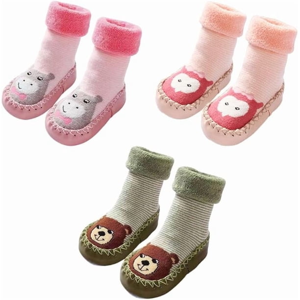 Pack de 3 calcetines para bebé, zapatillas antideslizantes con forro, zapatos de cabaña para primeros pasos de invierno
