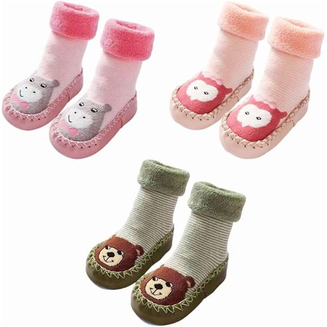 Pack de 3 calcetines para bebé, zapatillas antideslizantes con forro, zapatos de cabaña para primeros pasos de invierno