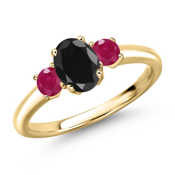 Gem Stone King 10K Yellow Gold Black Sapphire and Red Ruby Engagement Ring for Women | 1.60 Cttw | Oval 7X5MM | Gemstone September Birthstone | Size 5