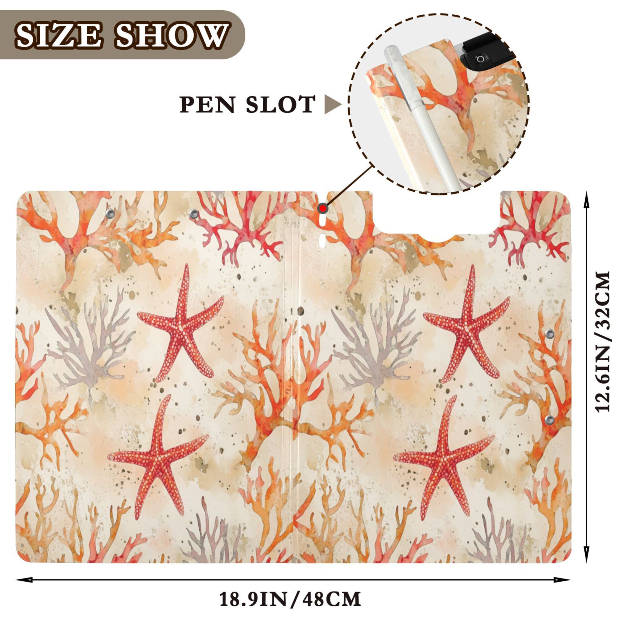FORMRS A4 Clipboard Folder with Pen Holder Horizontal Foldable School Office Binder, Orange Starfish