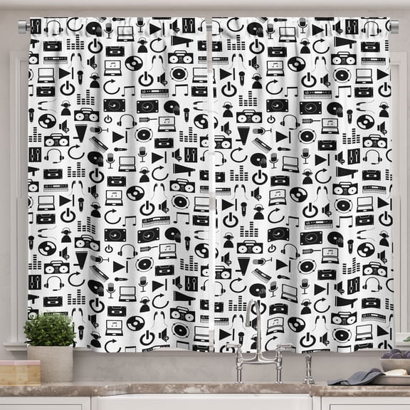Ambesonne Music Kitchen Curtains, Tape Computer DJ Headset Sign, 55"x39", White Charcoal Grey