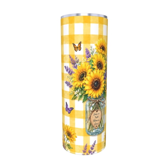 20oz Christian Sunflower Mason Jar Floral Bible Verse Yellow Gingham Insulated Tumbler with Handle and Straw Travel Cup Car Cup with Straw