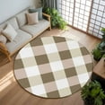 thumbnail image 3 of Brown White Buffalo Check 5ft Round Rug, Farmhouse Plaid Modern Geometric Non-Skid Rubber Backing Large Area Rugs - Living Room Bedroom Home Office, Indoor Floor Mat Carpets Washable Rug, 3 of 9