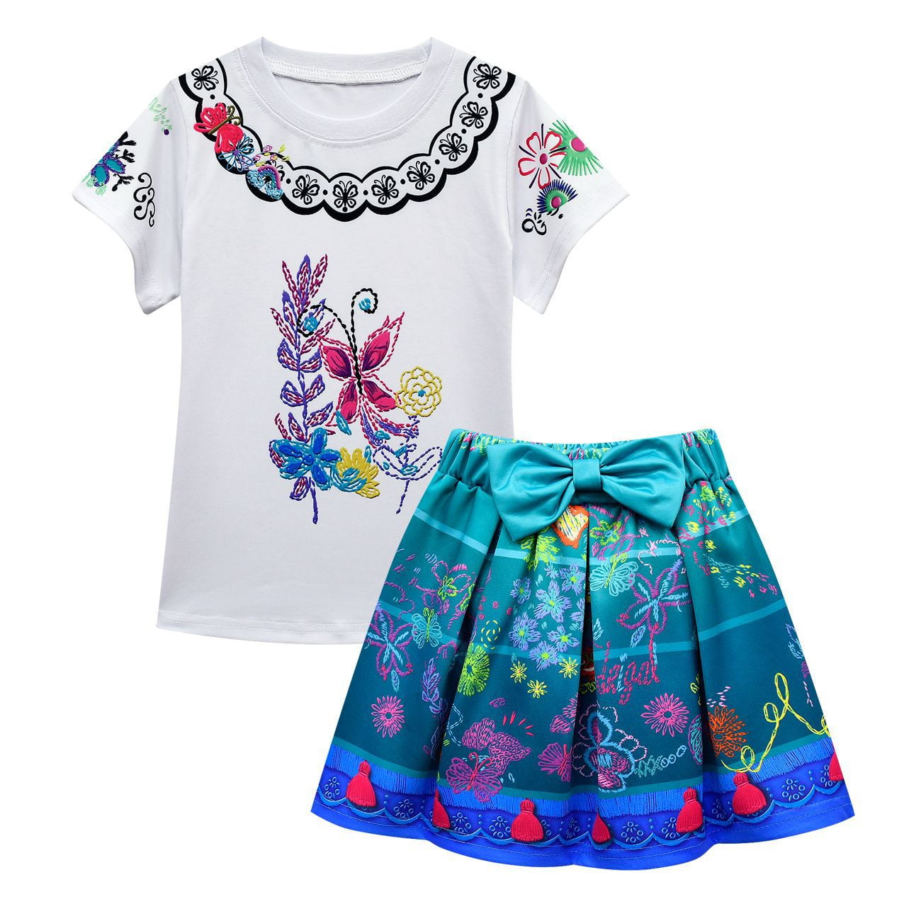 Elegant Little Girls Summer 2PCS Outfits Ribbed Short Sleeve Tshirt Top and Button Skirts Set