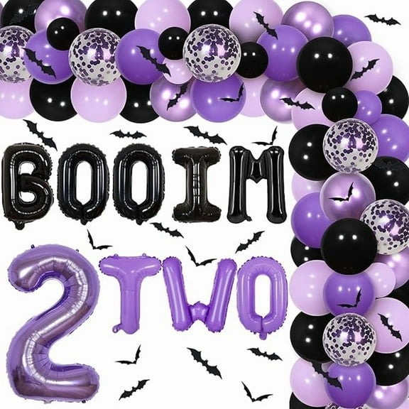 Boo I’m two Halloween Birthday Decorations Halloween 2nd Party Supplies for Spooky Two Black Purple Balloon Garland Kit Boo I’m Two Balloon Banner Number 2 Balloon for 2 Year Old Birthday