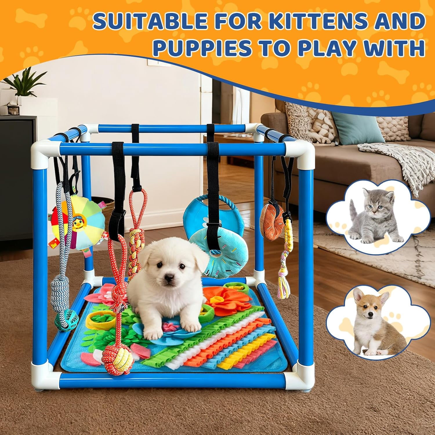 Play Gym for Small Dogs with PVC Frame, 10 Hanging Toys & Stretchy Ropes for Indoor Enrichment Activity