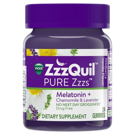 - Vicks ZzzQuil PURE Zzzs Melatonin Natural Flavor Sleep Aid Gummies with Chamomile, Lavender, & Valerian Root, 1mg per gummy, 24 Count