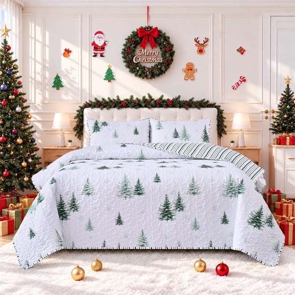 Bleum Cade Christmas Quilt Set Queen Size 3 Pieces,Reversible Fine Printed Bedspreads with Forest Tree Pattern, Soft and Lightweight Bed Coverlet Bedding Sets for All Season,90"x90"