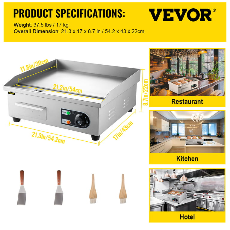 VEVOR 22 Electric Countertop Flat Top Griddle 110V 1600W Commercial  Electric Griddle Non-Stick Restaurant Teppanyaki flat top Grill Stainless  Steel