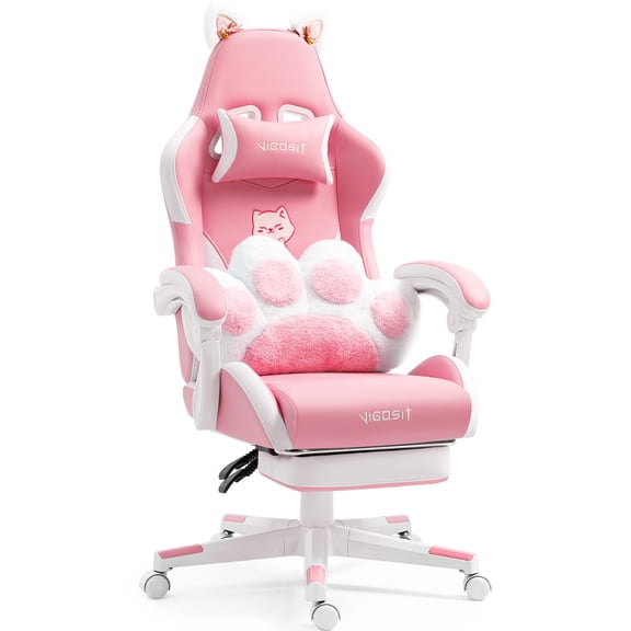 TrumanPick Cute Pink Cat Ear Ergonomic Gaming Chair with Reclining Office Chair and Footrest, 310 lbs Weight Capacity, 360° Swivel