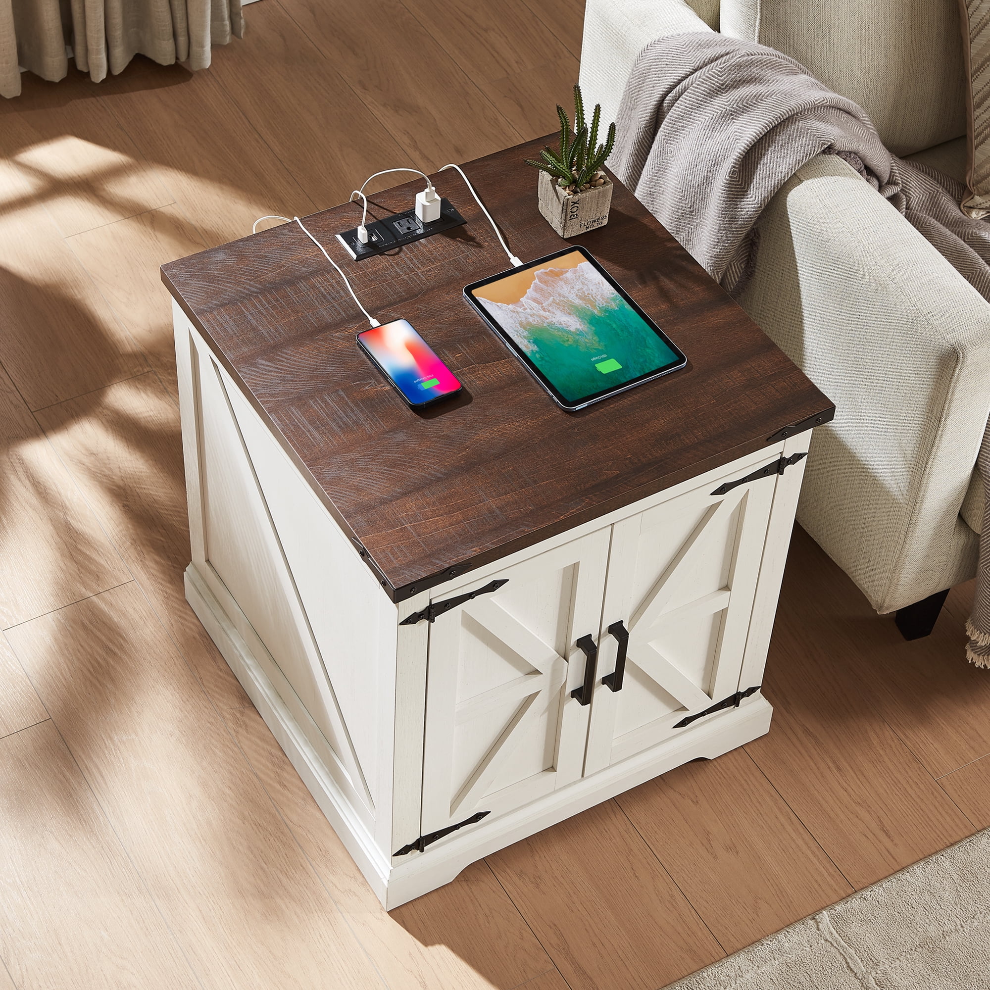 Rustic Farmhouse End Table with Charging Station - 24" Large Sofa Side Table With Barn Door Design - Square Nightstand Bedside Table with Adjustable Storage Shelf for Living Room or Bedroom,White