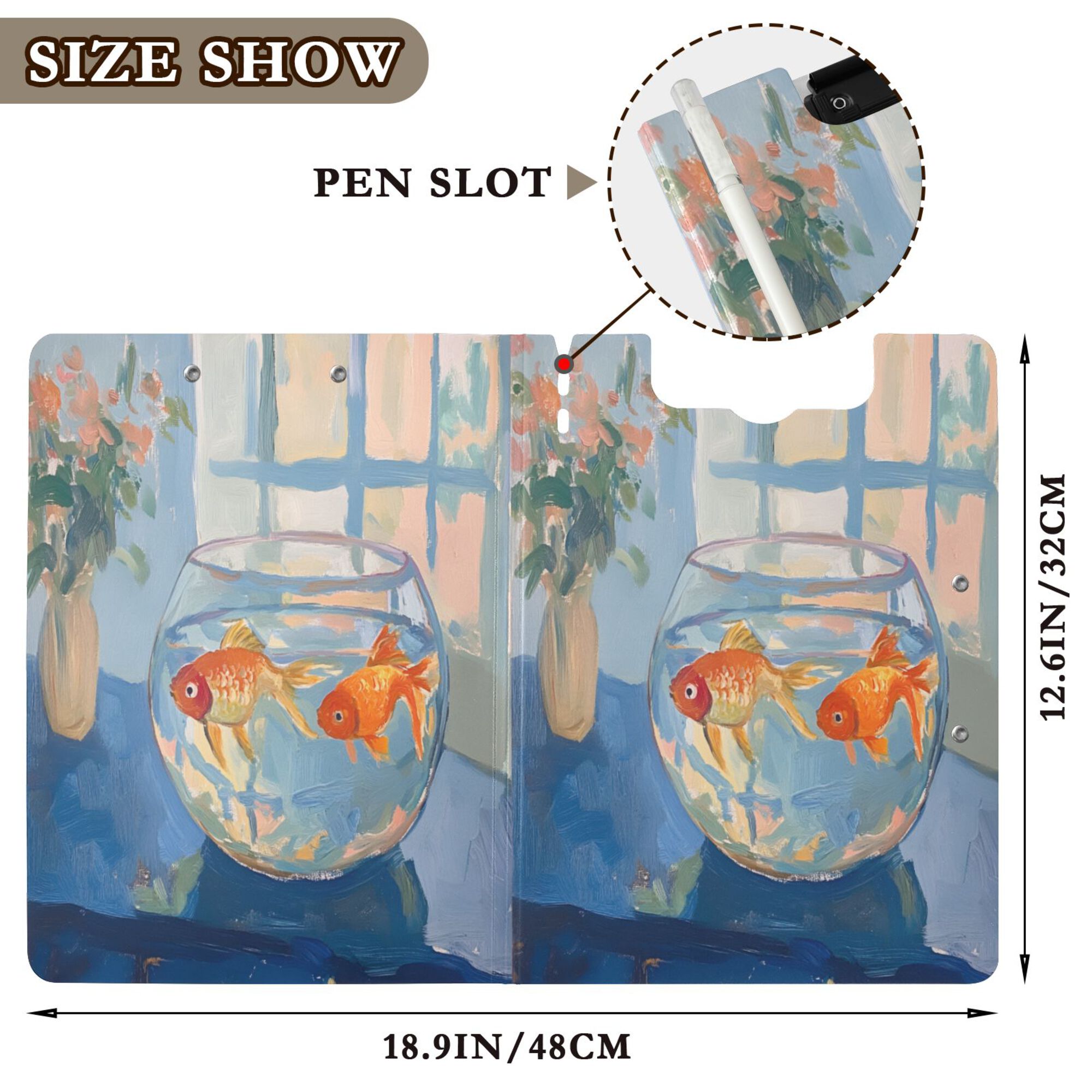 FORMRS A4 Clipboard Folder with Pen Holder Horizontal Foldable School Office Binder, Blue Goldfish