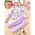 thumbnail image 3 of ENFLASH Kids Toddler Girls Clothing Set Long Sleeve Top With Ruffle Hem ＋Floral Print Pants 3 Pcs Infant Fall Outfits Set, 3 of 10
