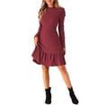 thumbnail image 2 of INSPIRE CHIC Vestido de Suéter para Mujer con Cuello Redondo, Manga Larga Abullonada, Bolsillos Laterales, Color Sólido, Talla S, Vino, 2 of 6