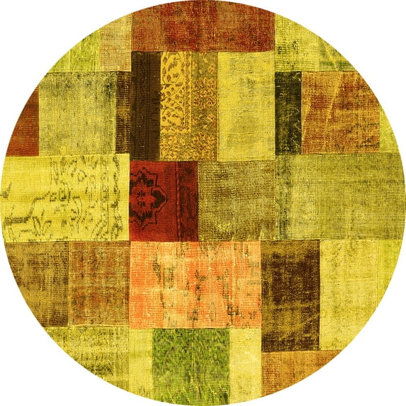 Ahgly Company Machine Washable Indoor Round Patchwork Yellow Transitional Area Rugs, 3' Round