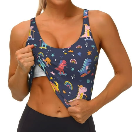 Qokaie Cartoon Dinosaur Pattern Womens Scoop Neck Sports Bra Breathable Workout Vest Padded U Back Medium Impact Fitness Gym Yoga Bra Workout Crop Top