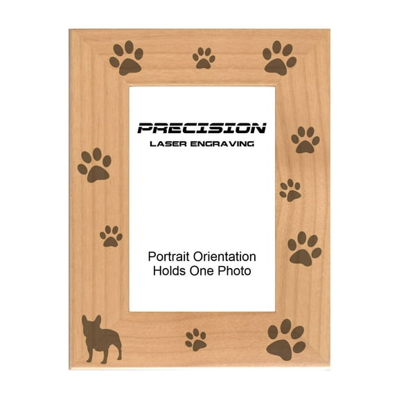 PrecisionNC Pet Frame French Bulldog with Paw Prints Engraved Natural Wood Picture Frame for Dogs 5x7 Portrait
