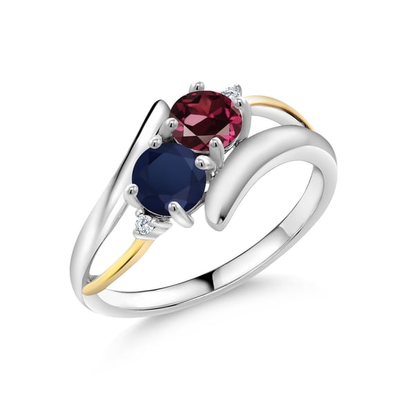 Gem Stone King 1.22 Ct Red Rhodolite Garnet Blue Sapphire 925 Silver and 10K Yellow Gold Lab Grown Diamond Two Stone Crossover Ring (Size 5)