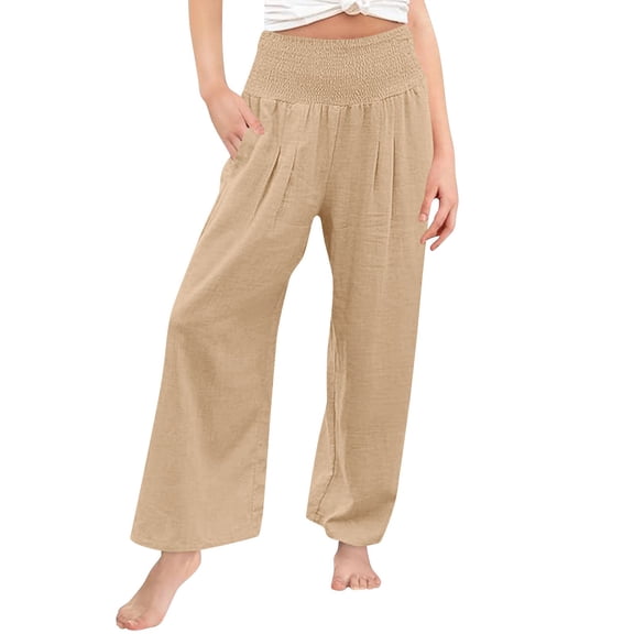 LIJCC Girls High Waisted Cotton Linen Palazzo Pants Wide Leg Casual Smocked Long Boho Flowy Pant Casual Vacation Outfits Elastic Lounge Trousers with Pocket
