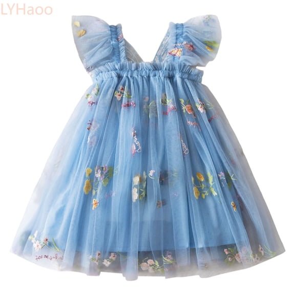 LYHaoo Toddler Girls Sleeveless Embroidered Flowers With Wing Tie Holiday Party Dress Dance Party Dresses Clothes,Girls Casual Dresses Sizes 2-3 Years Blue