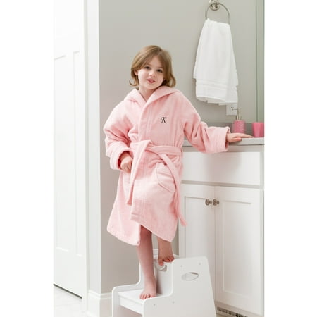 Monogram Bathrobes Linum Home Sweet Kids Turkish Cotton Terry Pink with Black Script Monogram Hooded Bathrobe ()