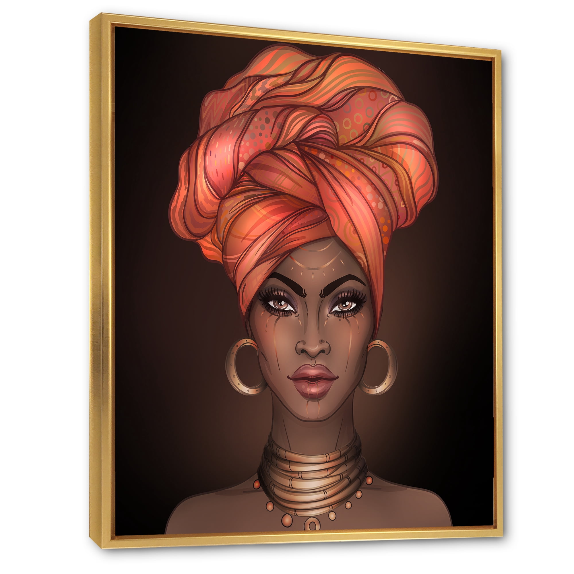 Designart 'African American Woman Portrait with Turban V' Modern Framed Canvas Wall Art Print