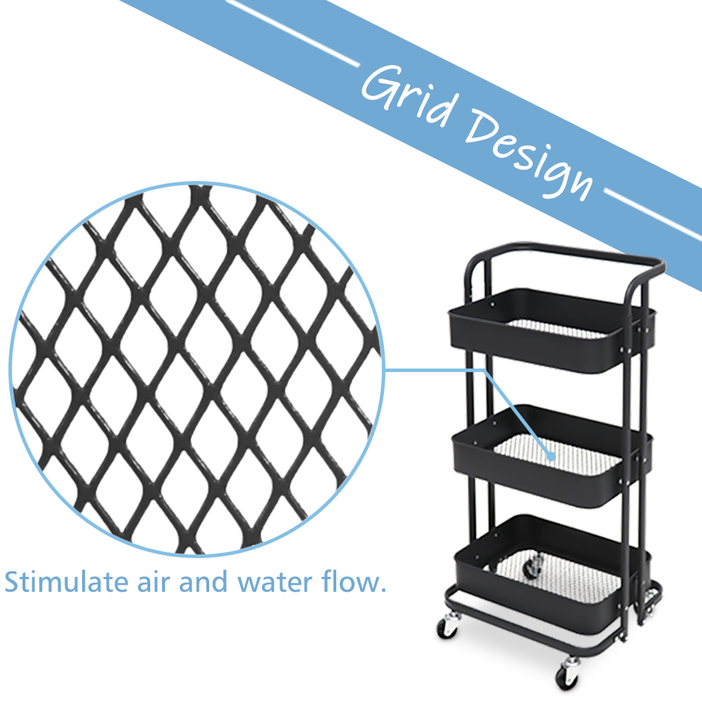 3 Tier Foldable Rolling Utility Cart-Black