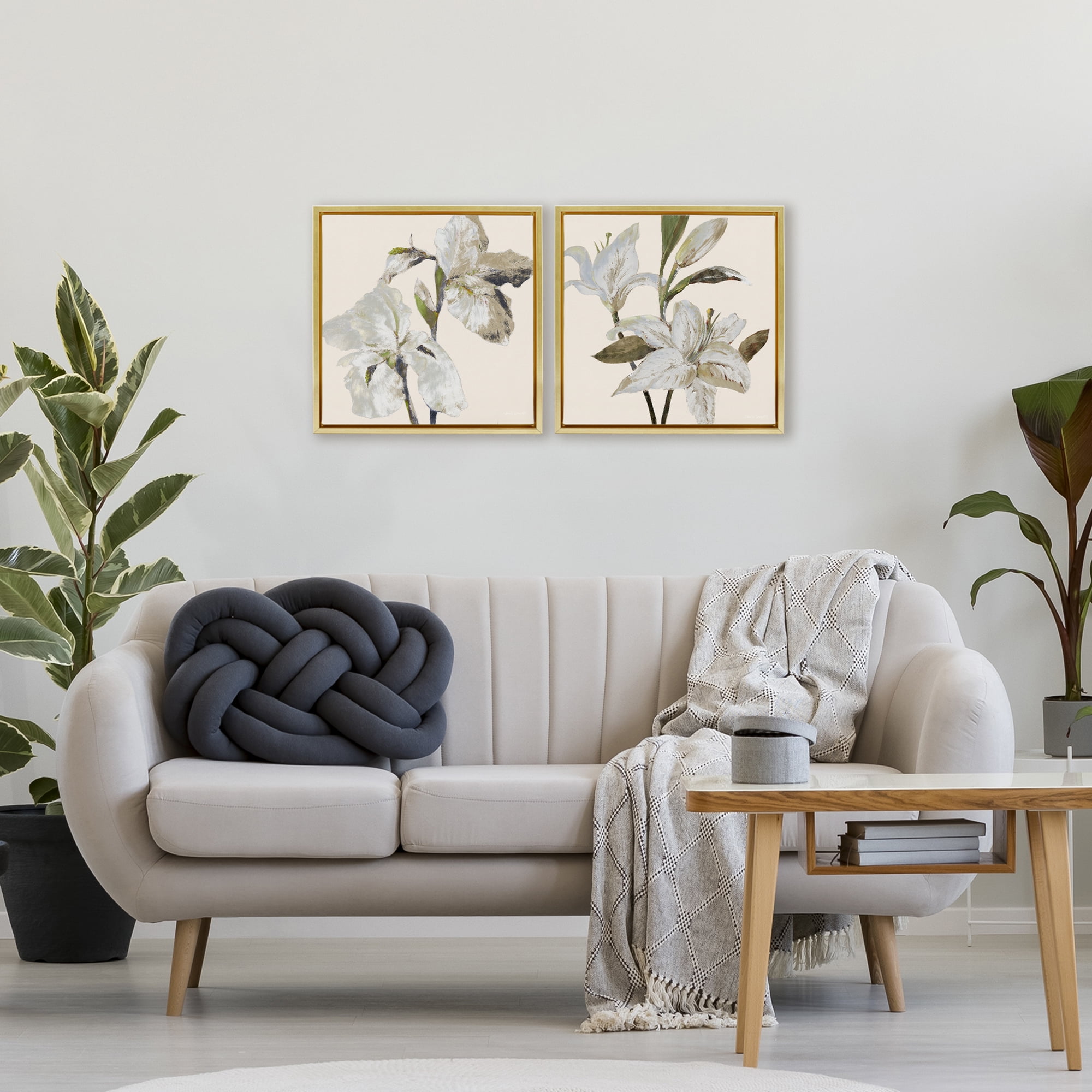 Stupell Industries Irises and Lilies Soft Beige 2 Piece Gold Framed Floater Canvas Set, design by Lanie Loreth