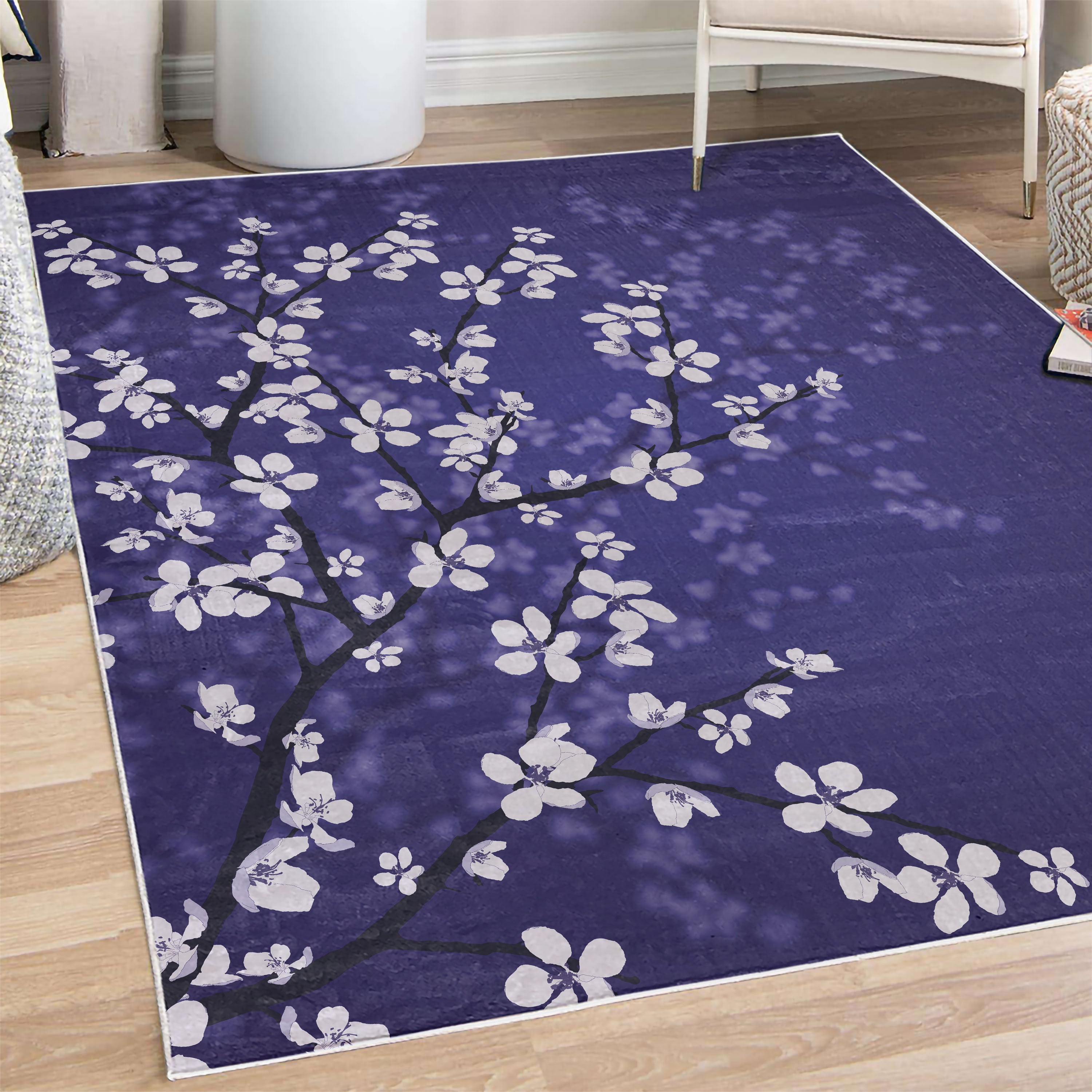 Japanese Pattern Rug Background Japanese Decorative Rug, Spring Season Sakura Bloom Design Marine Toned ...