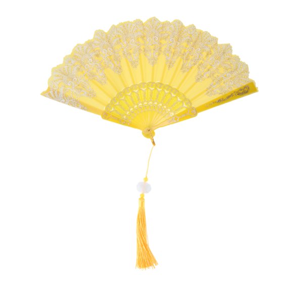 Unique Bargains 1 Pc Lucky Cloud Pattern Folding Fan for Masquerade Yellow Silk Fabric