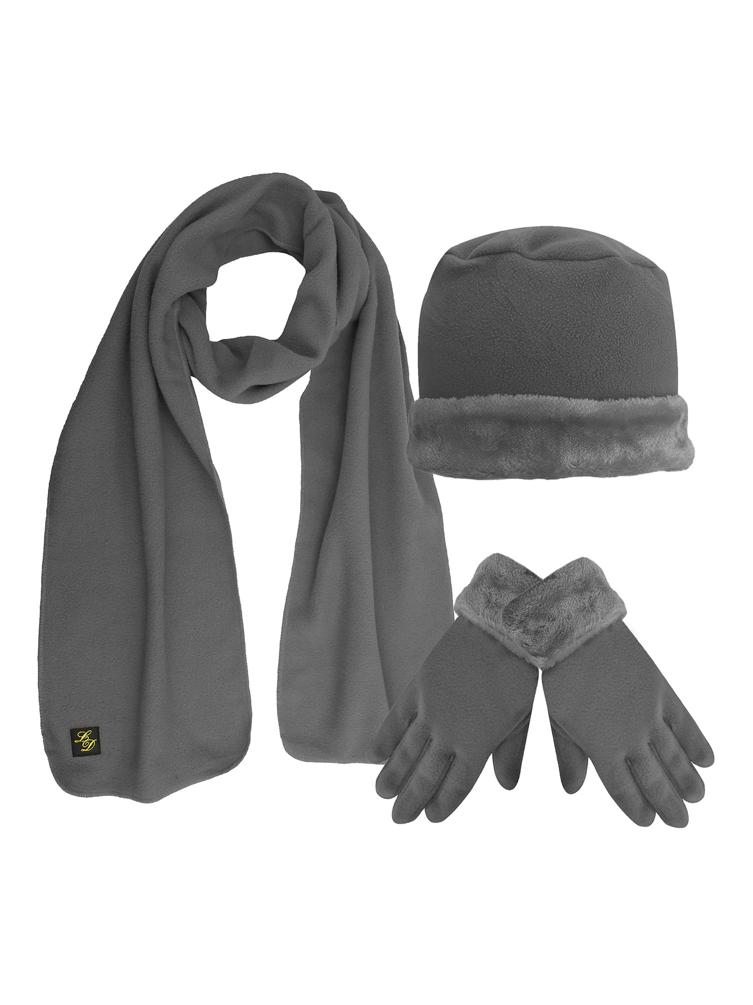 Gray Plush Fur Trim Fleece 3 Piece Hat Scarf & Glove Set - Walmart.com