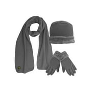 Gray Plush Fur Trim Fleece 3 Piece Hat Scarf & Glove Set
