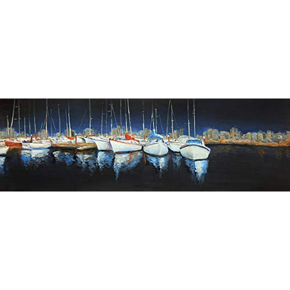 BEGIN DECO MAISON - HOME DECOR Midnight Coastal Scene with Sailing Boast Wrapped Canvas, 16x48, Multicolor