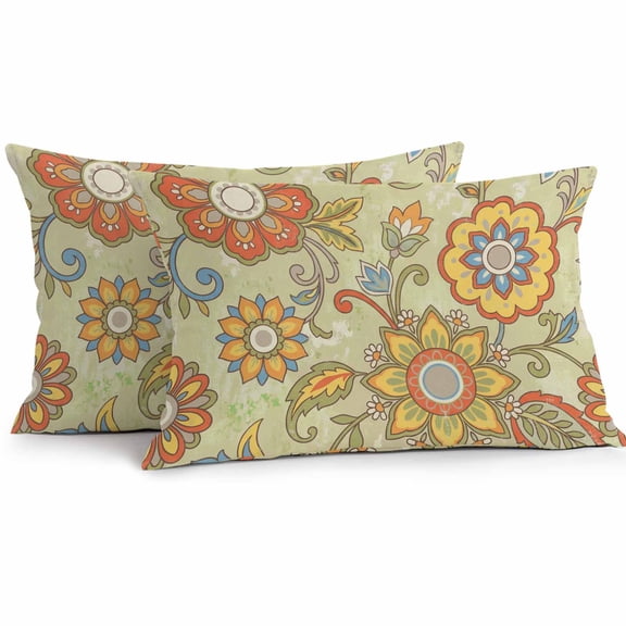 Yellow Green Boho Floral Lumbar Pillow Covers 20x12 Inch Set of 2, Retro Rustic Abstract Flowers Waterproof Outdoor Pillow Covers, Decorative Cushion Pillowcases for Couch, Sofa, Bed, Garden, Patio