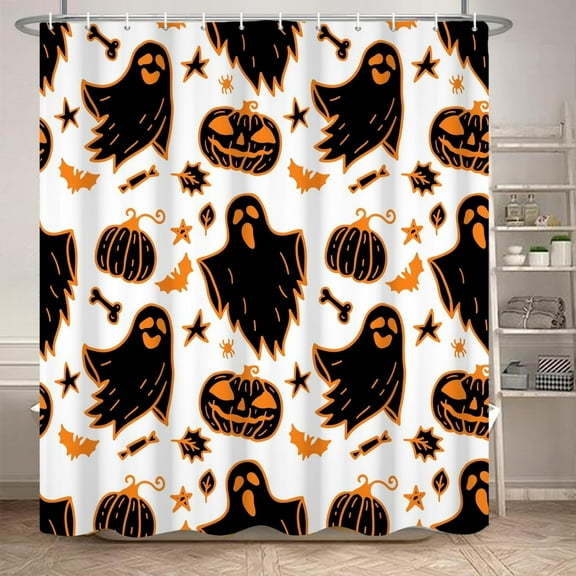 Halloween Shower Curtain Funny Cute Ghost Evil Pumpkins Cartoon Pattern Shower Curtain Halloween Bathroom Set Waterproof Bath Decoration Accessories Home Decor, 72x72 Inch