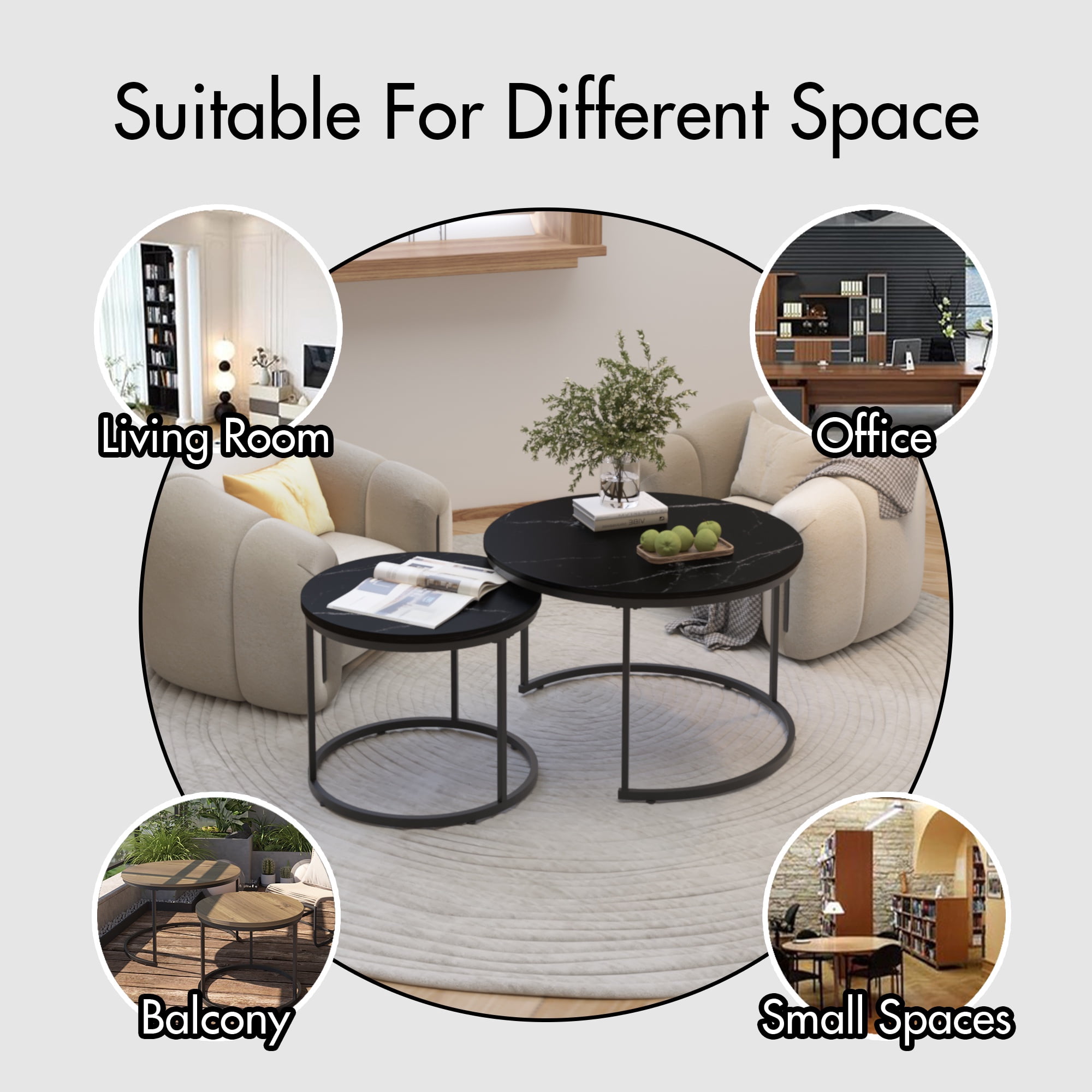 PORKISS Round Coffee Table Set of 2, 27.56" Nesting Center Tables for Living Room, 2-Piece Side Tables with Metal Frame for Living Room Home Office, Black