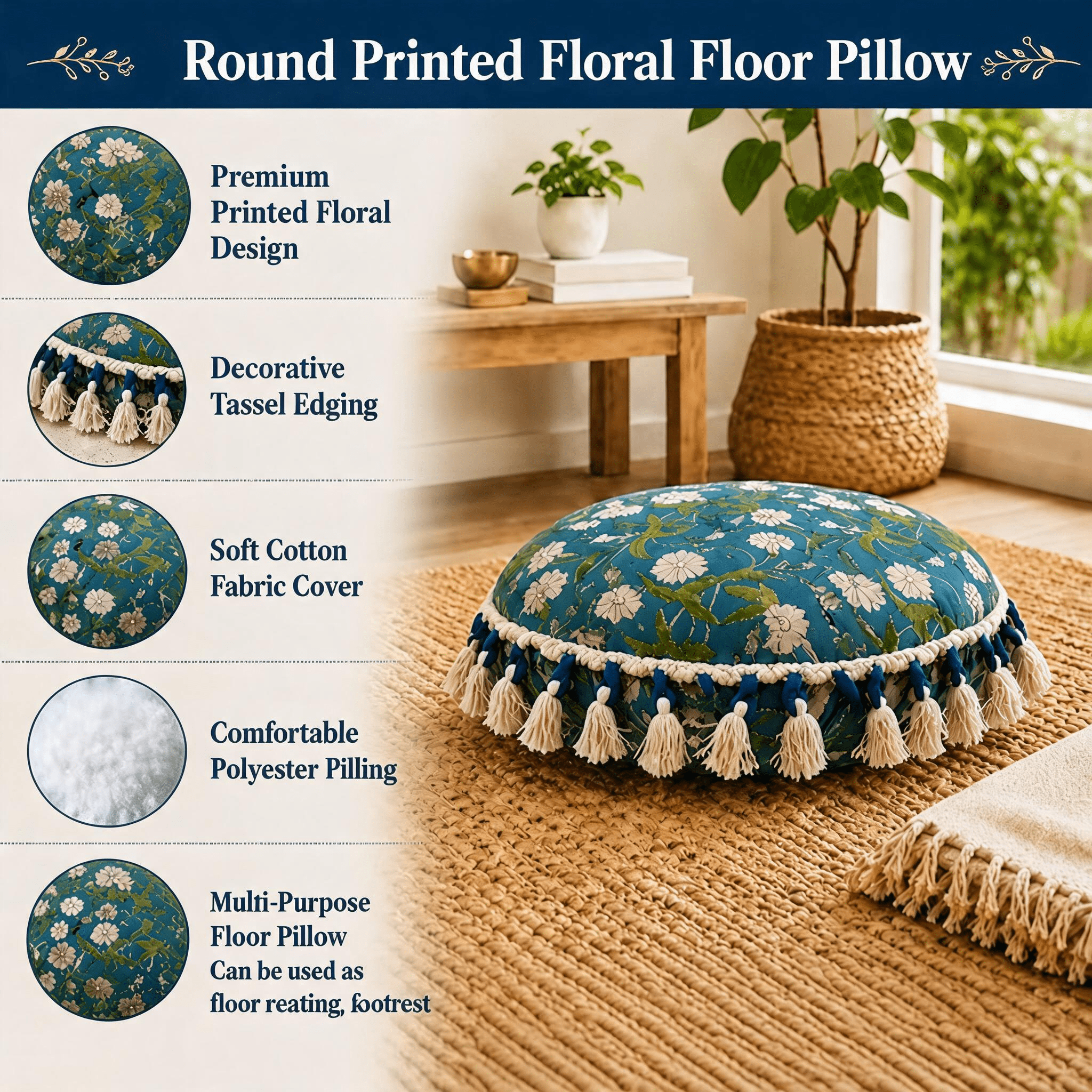 Printed Floor Cushion with Tassels 20x20x3.5 Inch Bohemian Floral Cotton for Living Room Meditation