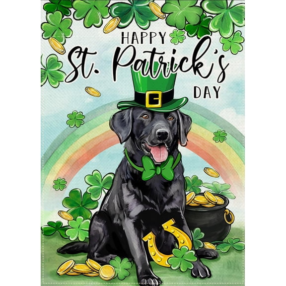 Happy St Patricks Day Black Labrador Dog Decorative Garden Flag, Pet Lucky Shamrock Clover Rainbow Yard Outside Decorations, Irish Spring Burlap Outdoor Small Home Decor Double Sided 12 x 18